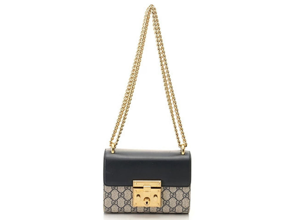 Gucci GG Supreme Padlock Shoulder Bag Leather Navy Blue Gray